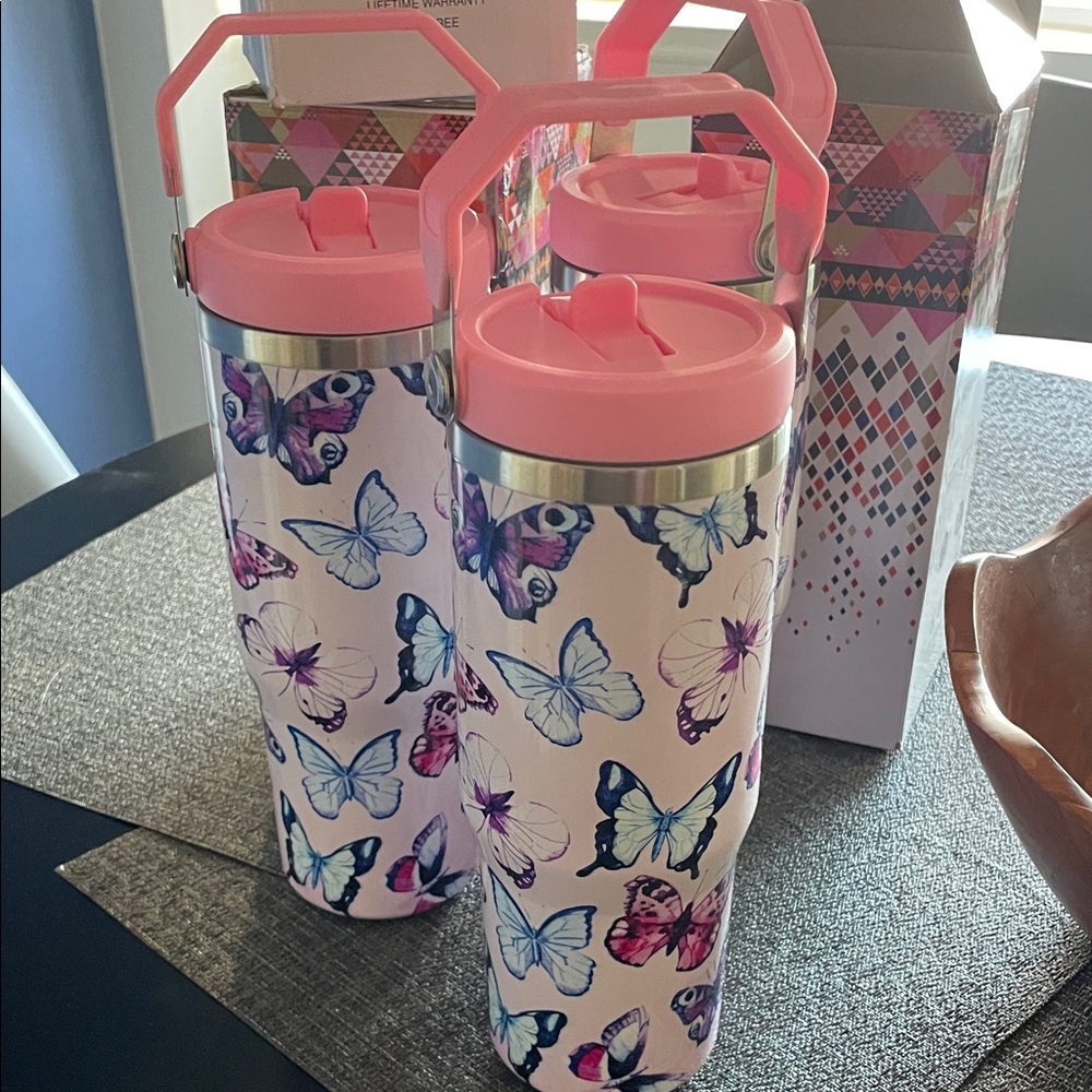 3 Pink Butterfly Travel Tumblers